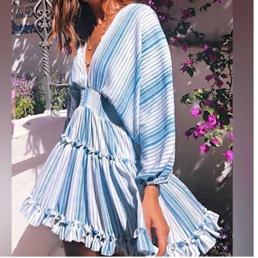 MISA Los Angeles Blue Stripe Linen Modal Mini Dress Size S NWOT